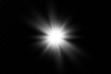 White glowing light explodes on a transparent background. with ray. Transparent shining sun, bright flash. The center of a bright flash
