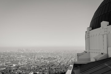 Black and white picture of the Griffith Observatory in Hollywood Los Angeles, view of the telescope sign