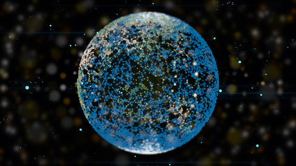 Abstract blue and yellow neon lattice sphere on dark background with yellow bokeh particles.