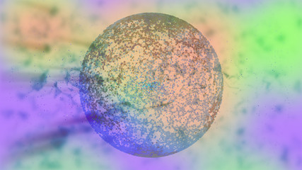 Abstract colorful background with plexus illuminating sphere among bokeh particles.