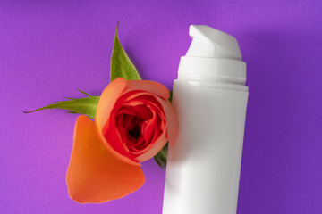 Cosmetic bottles with rose petals, copy space