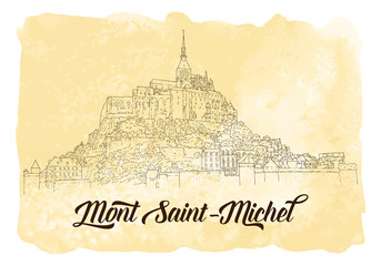 City sketching. Line art silhouette. Travel card with watercolor background. Tourism concept. France, Mont Saint-Michel. Vector illustration.