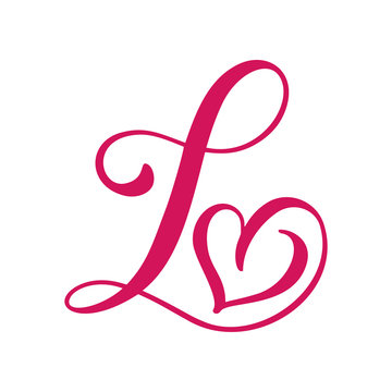 Vector Vintage floral monogram letter L. Calligraphy element heart logo Valentine card flourish frame. Hand drawn Love sign for page decoration and design illustration