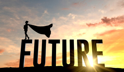 Silhouette of superhero woman stood on the word future. 3D Rendering