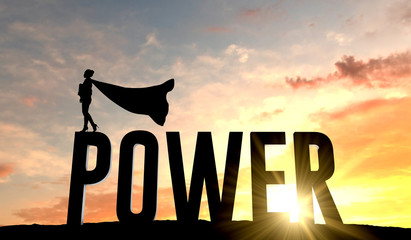 Silhouette of superhero woman stood on the word power. 3D Rendering © ink drop