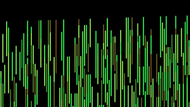 Abstract short narrow lines of green color flowing from the bottom to the top on black background, seamless loop. Animation. Neon parallel stripes moving slowly.