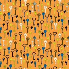 Pattern of doodle antique key colorful on orange  background for background, wallpaper, fabric textile, paper print, kid clothes.