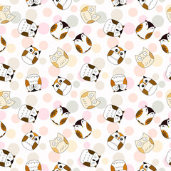 Pattern of kawaii doodle cartoon owl on vintage coloful background for wallpaper, fabric textile, paper print, kids clothes, bed sheet.