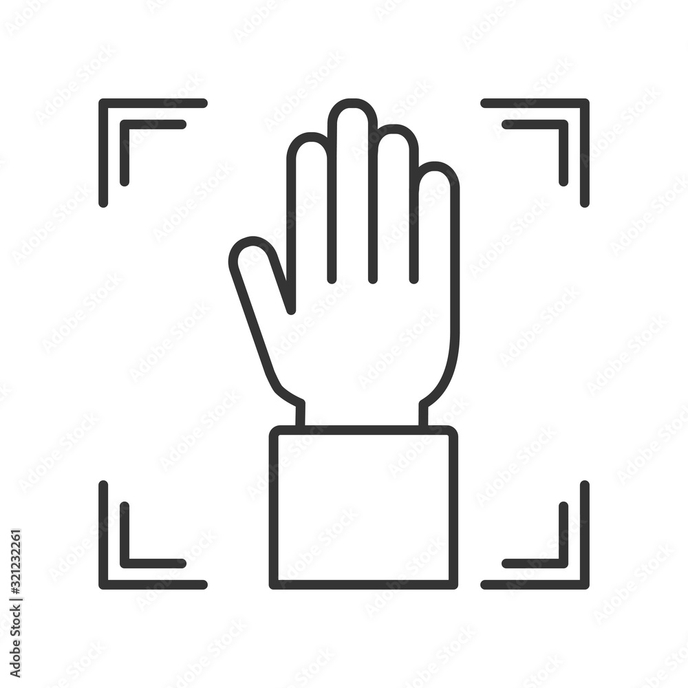 Poster palm print scan black line icon. verification hand. concept of: authorization, dna system, scientifi