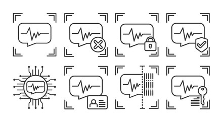 Voice identification scan black line icons set. Concept of: verifying person, blocked user, security, approved, ai, id, scanning, unlock access. Biometric identification elements.