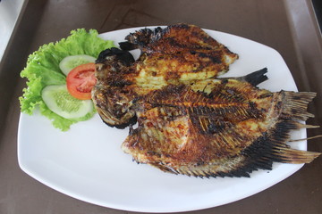grilled fish food with fresh vegetables chunks on top