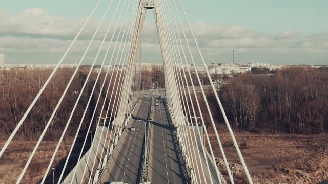 Aerial dolly zoom effect inside cable-stayed bridge. Warsaw, Poland