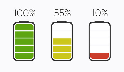 Batteries charging icon. Electricity symbol - energy sign. Power Battery illustration. Set of low and full status.