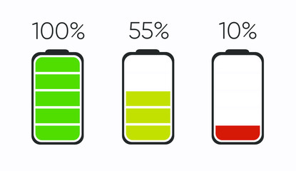 Batteries charging icon. Electricity symbol - energy sign. Power Battery vector. Set of low and full status.