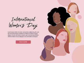 International Womens Day banner. Vector illustration of abstract women with different skin colors. 