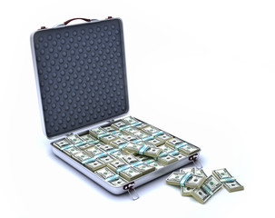Briefcase open, full of USD banknotes.