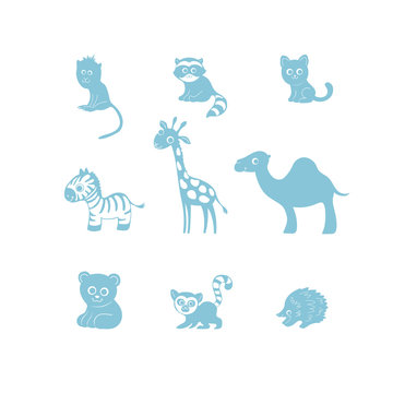 Vector illustration, set of cartoon cute funny animal silhouettes. Monkey, raccoon, cat, zebra, giraffe, camel, bear, lemur, echidna. Nursery pictures.