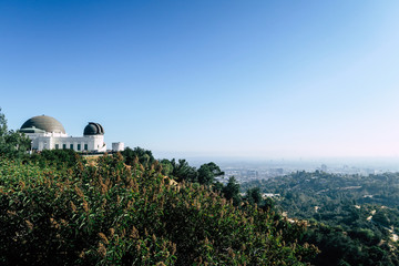 Griffith Observatory in Hollywood Los Angeles, view of the telescope sign