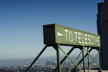 Griffith Observatory in Hollywood Los Angeles, view of the telescope sign