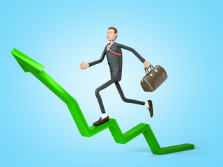 business development concept businessman in a suit runs up the rising arrow as if on stairs 3d render on blue gradient