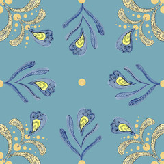 Oriental ornament on a blue background. seamless pattern of yellow leaves on a blue background