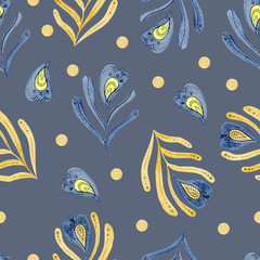 Fototapeta na wymiar Oriental ornament on a blue background. seamless pattern of yellow leaves on a blue background