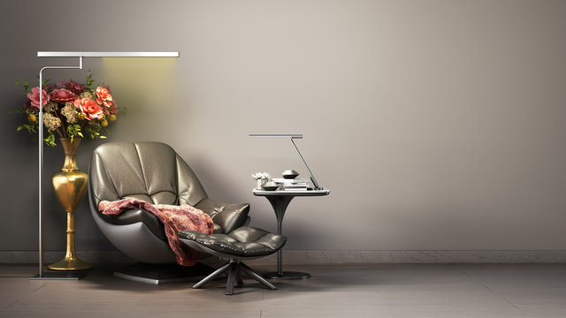 simple room interior render with leather armchair in darck style colors 3d render image