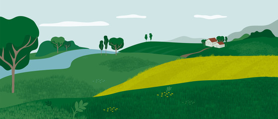 Panoramic Alpine landscape with green valley, houses and river. Rural scene with farmhouse, hills, meadows and fields. Vector illustration of farm, outdoor nature. Countryside background for flyer, ad © OlgaStrelnikova