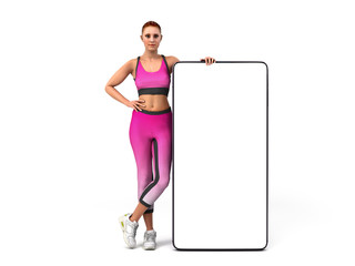 fitness app concept girl in sportswear is standing next to the phone whith empty screen 3d render on white