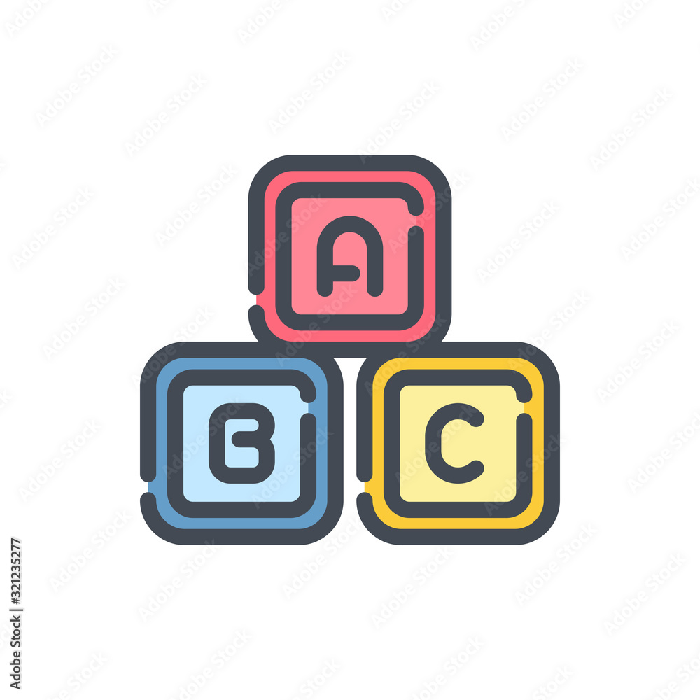 Poster abc blocks toy color line icon. toy cubes vector outline colorful sign.