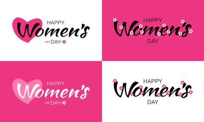 Set of Happy Womens Day typographic lettering isolated on white and pink background with heart and flower. Vector Illustration of a Women's Day card.