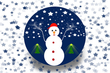 winter decoration. Snowman in a blue globe. Two Christmas trees. Many white and blue stars. The snowman has a red cap on his head and his twigs are his hands