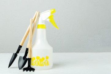 White watering sprayer and little gardening tools on the white table against light background.Empty...