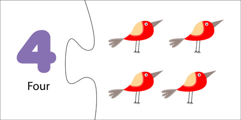 Number four and 4 cute birds on white background. Learning to count. Math puzzle for children. Educational card for preschoolers. Learning numbers, arithmetic