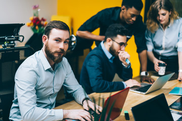 Diverse executive people brainstorming in office