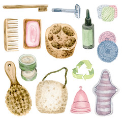 a set of objects on an environmental theme. watercolor illustration.