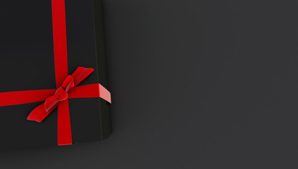 3d rendering of Black gift box with shiny red ribbons isolated on Black background, Holiday decoration element. Birthday or anniversary present