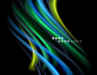 Silk smooth lines on black, liquid fluid color waves. Vector Illustration