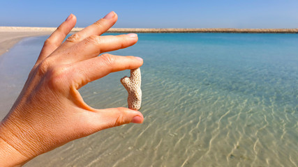 A piece of coral in hand on a background of blue sea. Tourism concept.