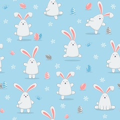 Happy Easter Rabbits on Blue Seamless Background