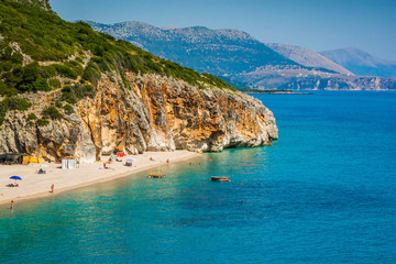 Dhermi, Albania - August 03, 2014. Hidden Gjipe Beach with turquoise clear water