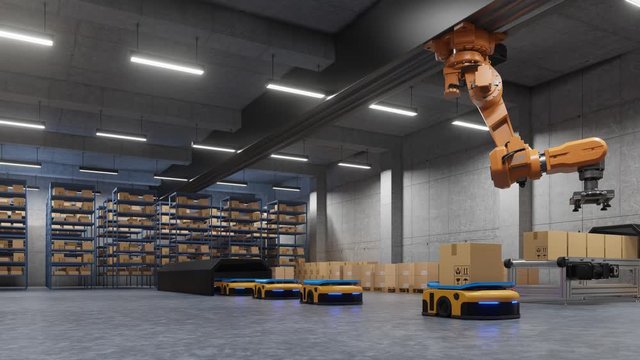 Robotic arm for packing with producing and maintaining logistics systems using Automated Guided Vehicle (AGV),3d rendering