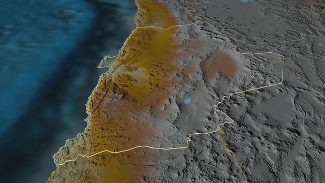 Antofagasta, region with its capital, zoomed and extruded on the relief map of Chile in the conformal Stereographic projection. Animation 3D