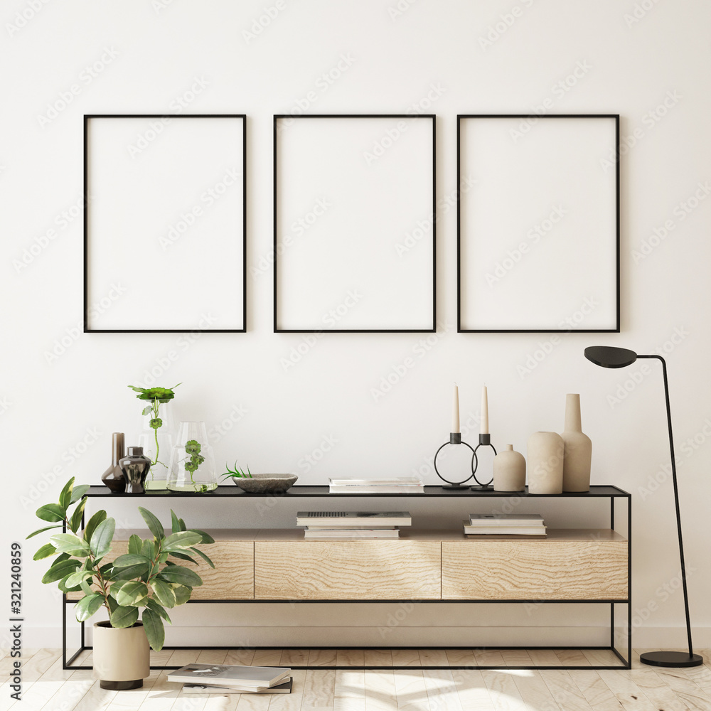 Wall mural mock up poster frame in modern interior background, living room, scandinavian style, 3d render, 3d i