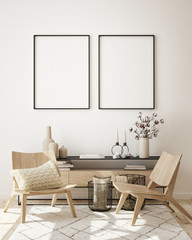 mock up poster frame in modern interior background, living room, Scandinavian style, 3D render, 3D illustration