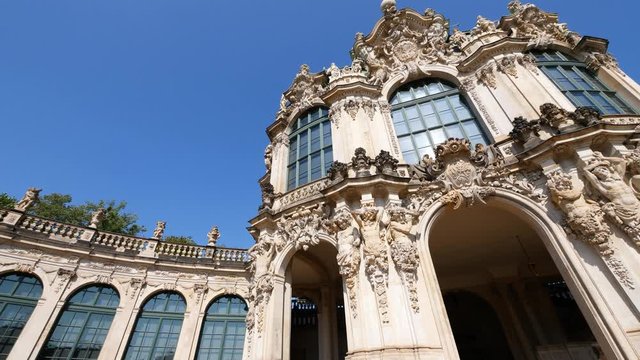 Ornate Baroque architecture of the Zwinger Palace in Dresden, Germany, featuring intricate stone carvings, elegant facade and one of the city's most iconic landmarks