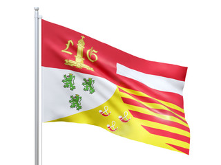 Liege (Province of Belgium) flag waving on white background, close up, isolated. 3D render