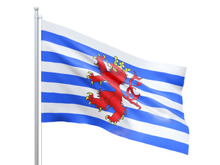 Luxembourg (Province of Belgium) flag waving on white background, close up, isolated. 3D render