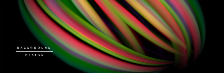 Сolorful flow poster. Wave liquid lines and shapes in black color background. Vector Illustration