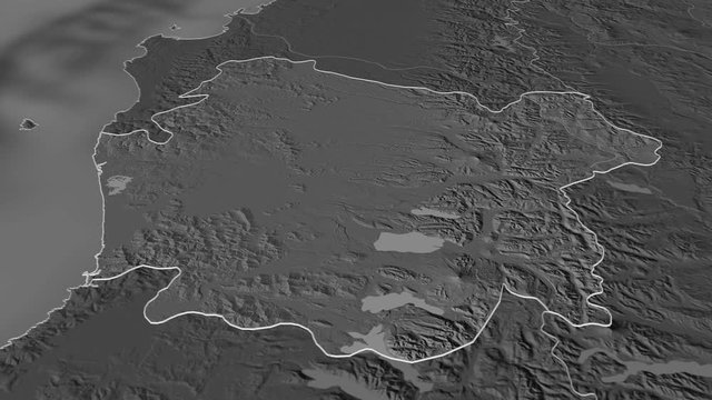 Araucan&iacute;a, region with its capital, zoomed and extruded on the bilevel map of Chile in the conformal Stereographic projection. Animation 3D